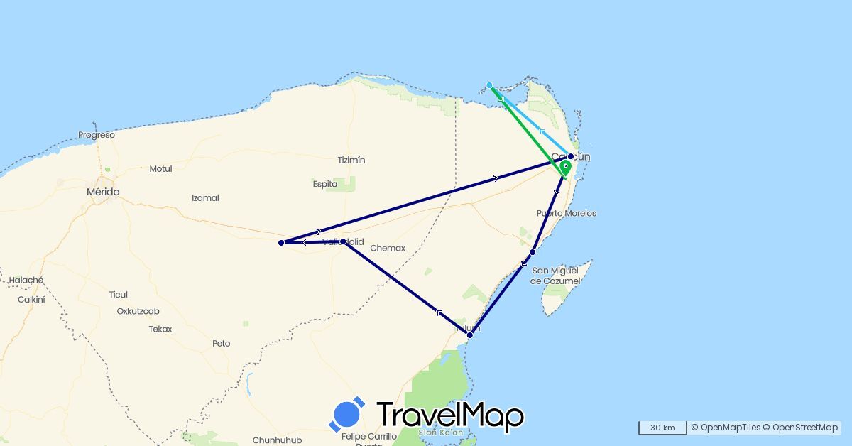 TravelMap itinerary: driving, bus, boat in Mexico (North America)